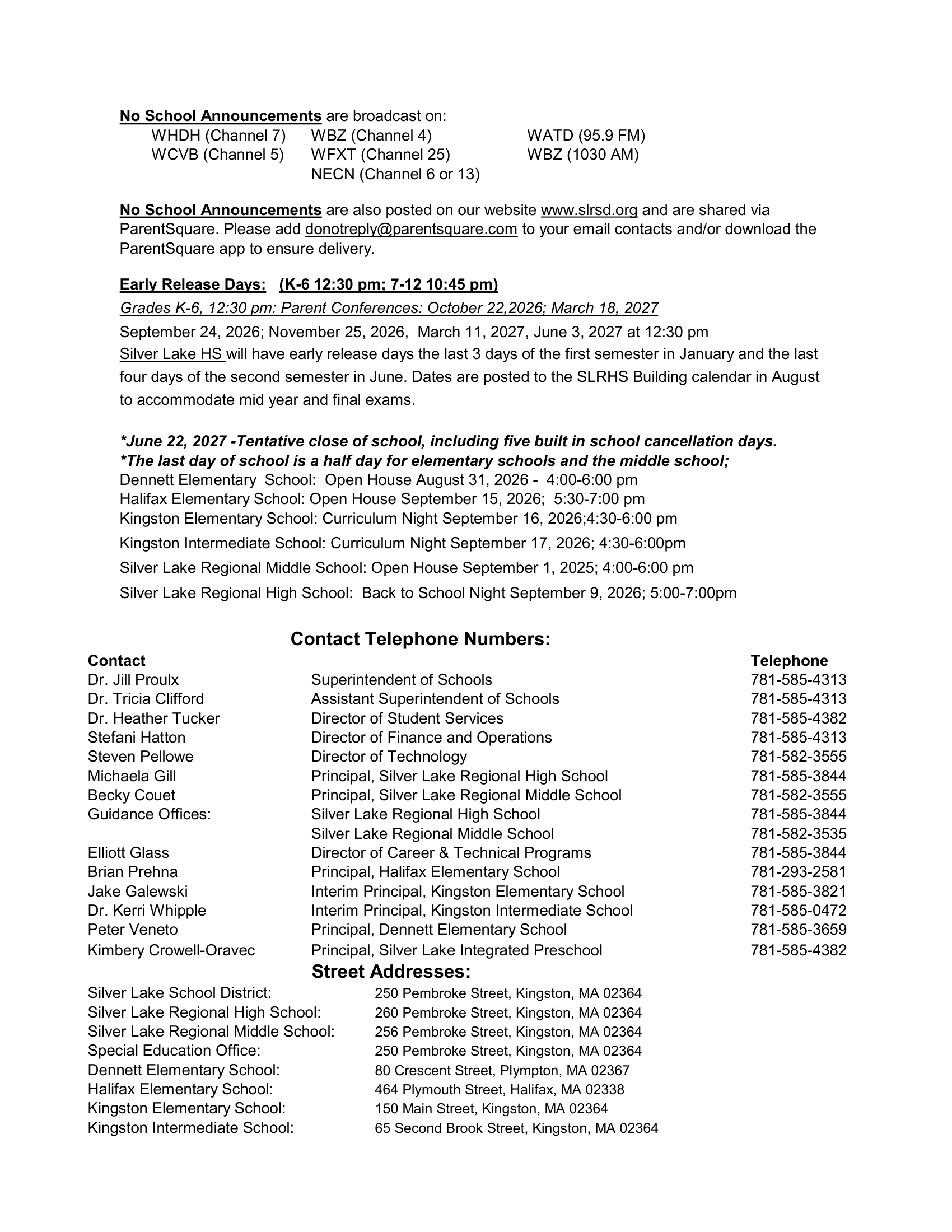 Silver Lake Regional School District Calendar 26-27 Updates