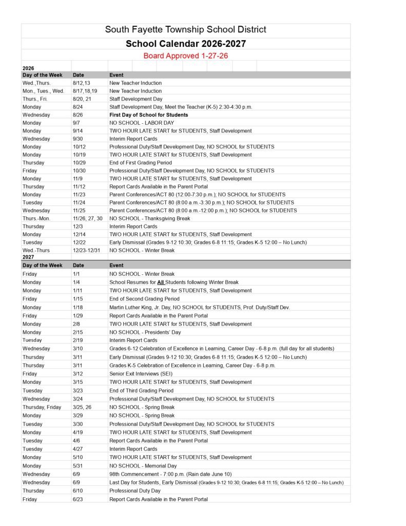 South Fayette Township School District Calendar 2026-2027 pdf calendar