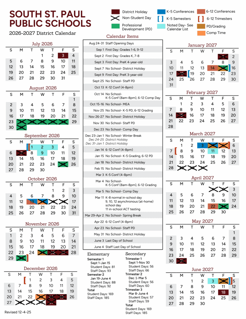 South St. Paul Public Schools 26-27 Calendar
