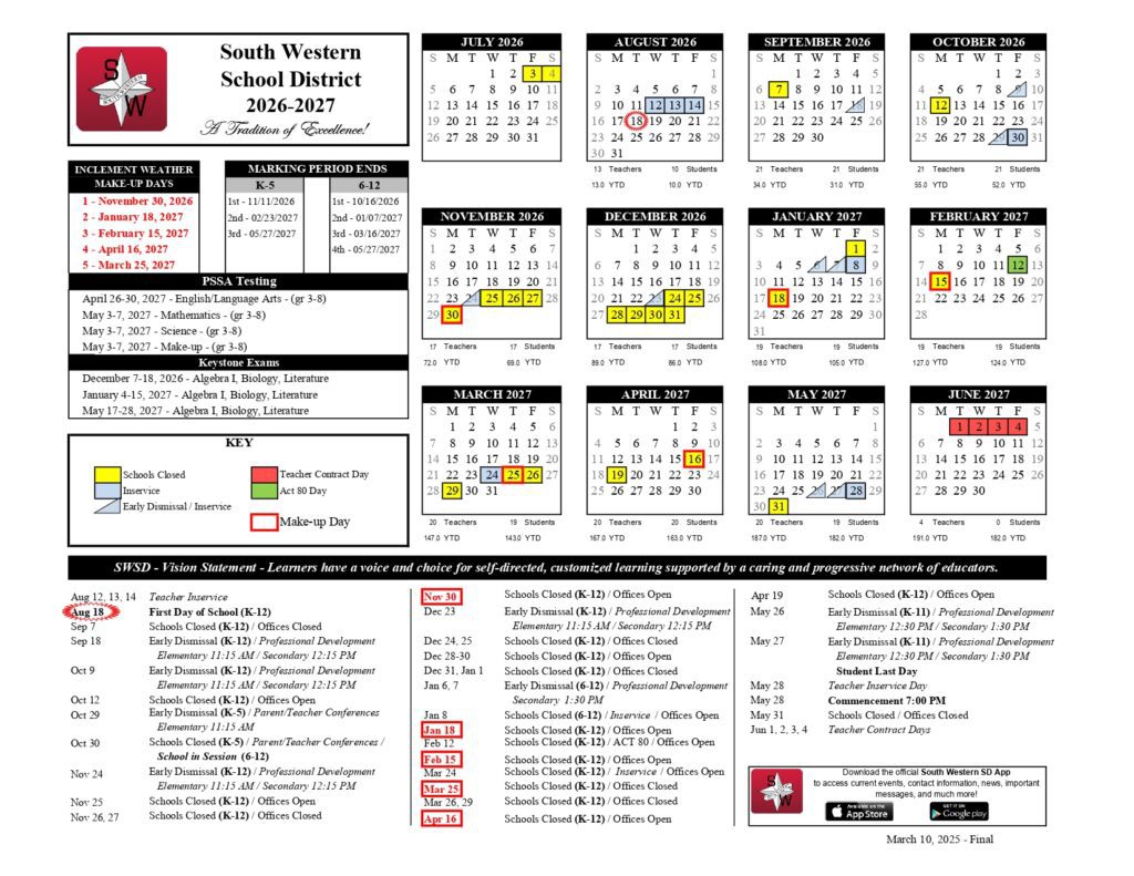 South Western School District 2026-2027