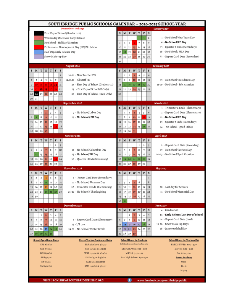 Southbridge Public Schools 26-27 Calendar