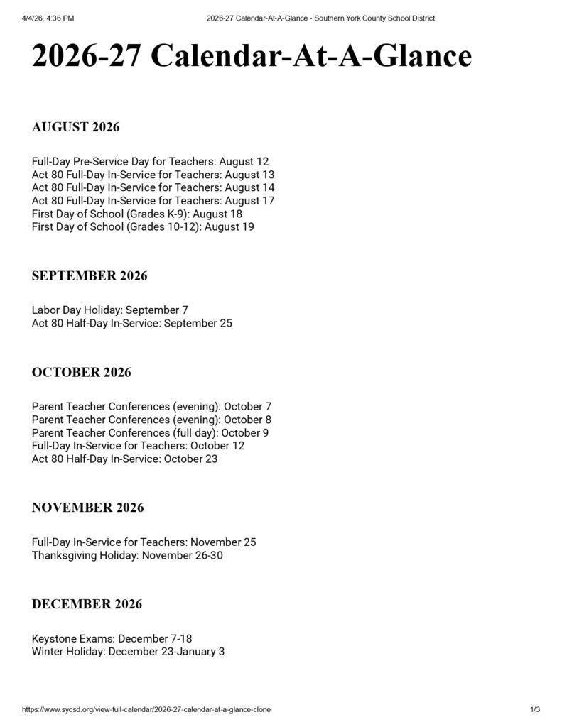 Southern York County School District 2026-27calendar