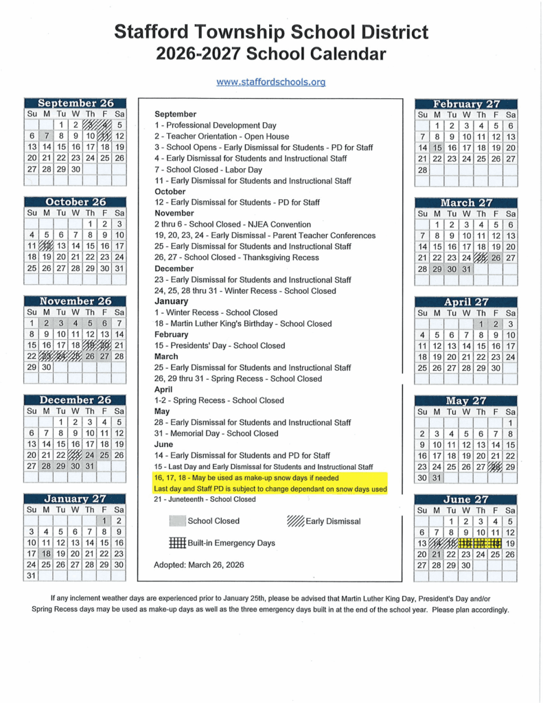 Stafford Township School District 26-27 Calendar