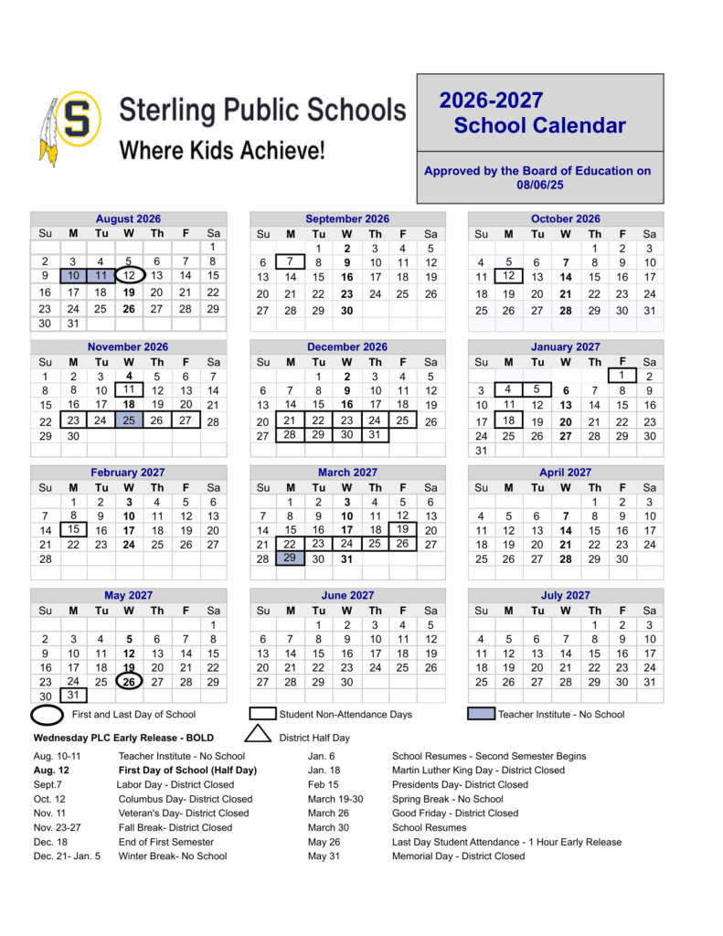 Sterling Public Schools 26-27 Calendar