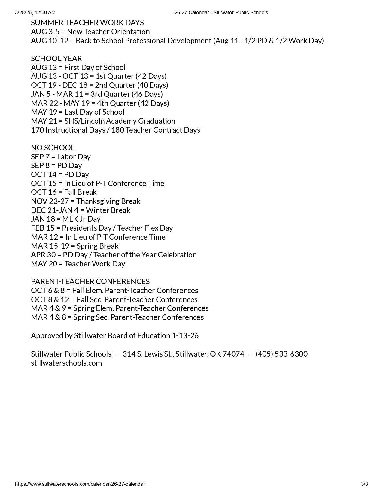 Stillwater Public Schools OK Calendar 26-27 Updates