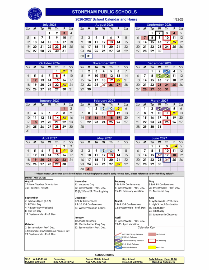 Stoneham Public Schools 26-27 Calendar