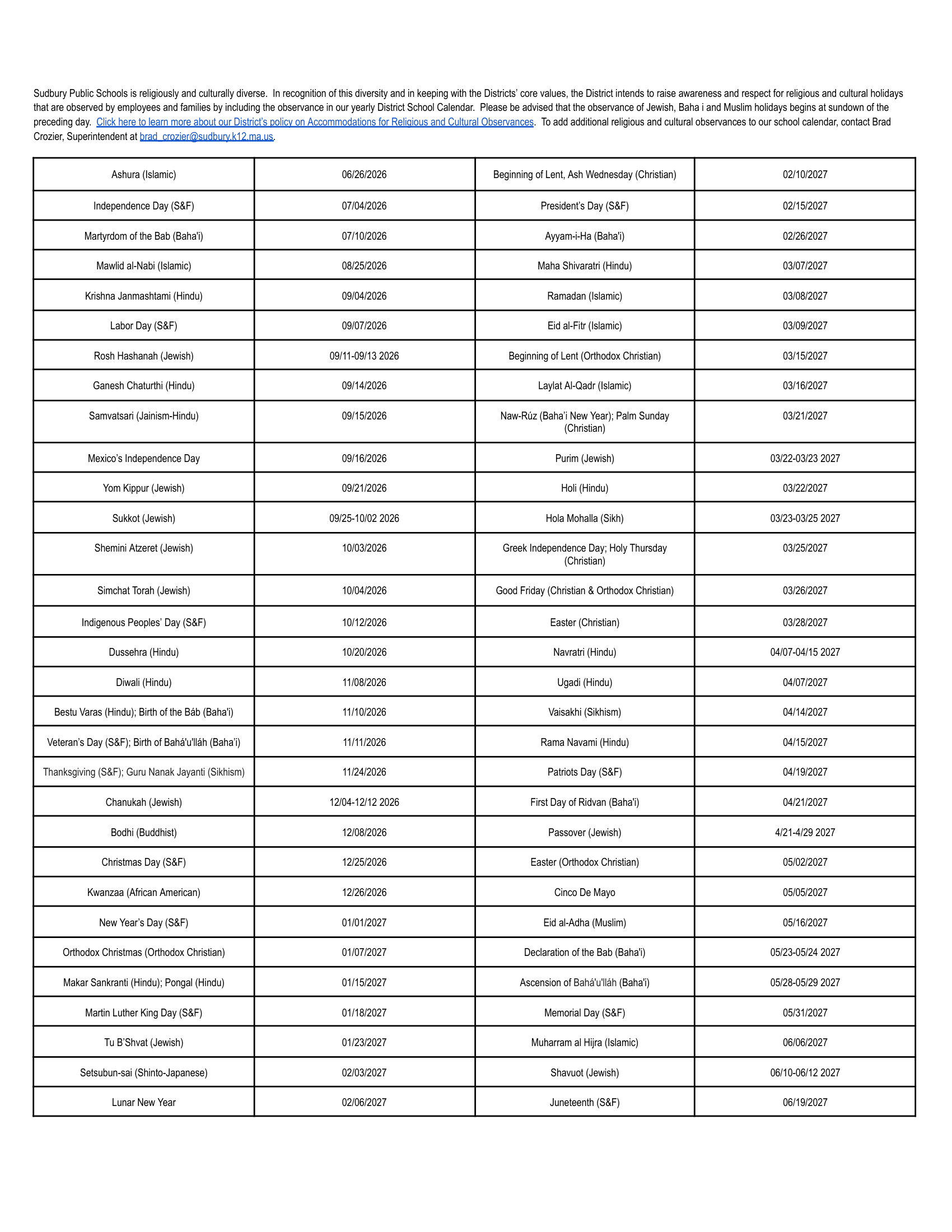 Sudbury Public Schools Calendar 26-27 Revised [PDF]