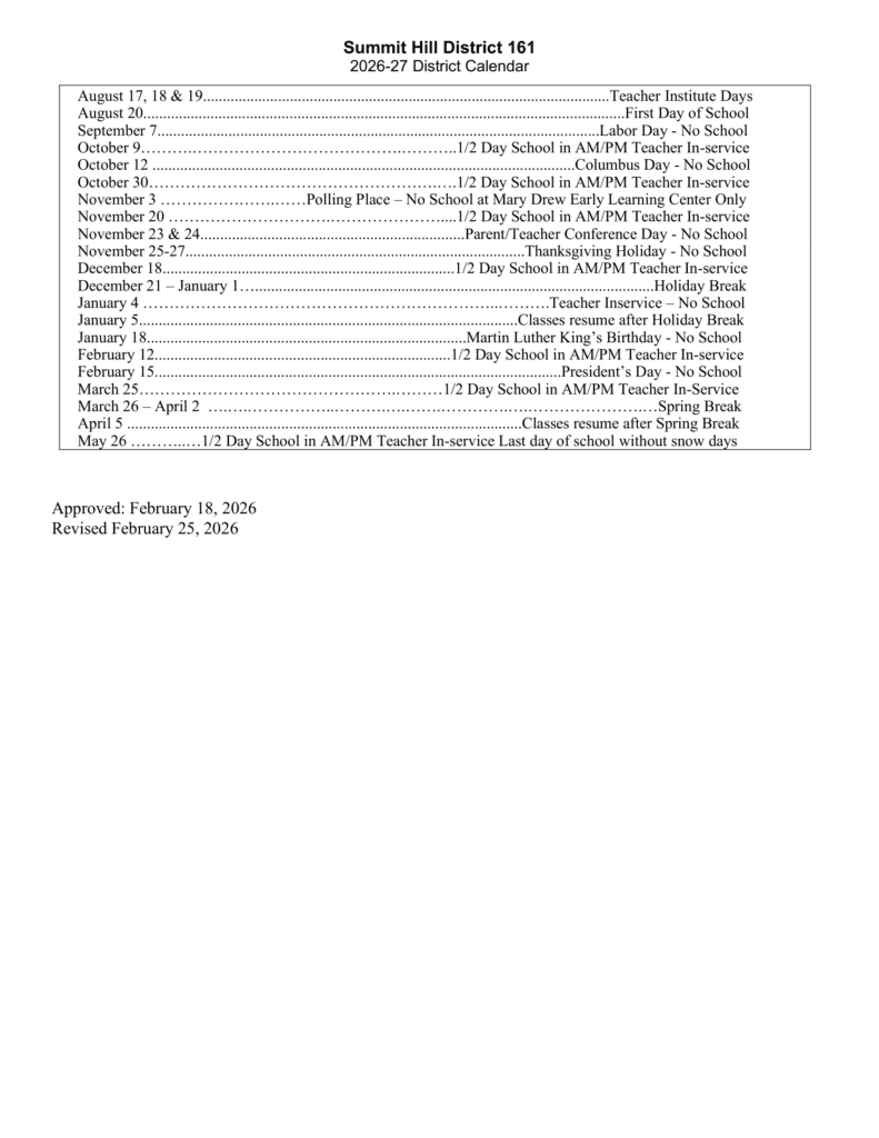 Summit Hill District 161 26-27 Calendar
