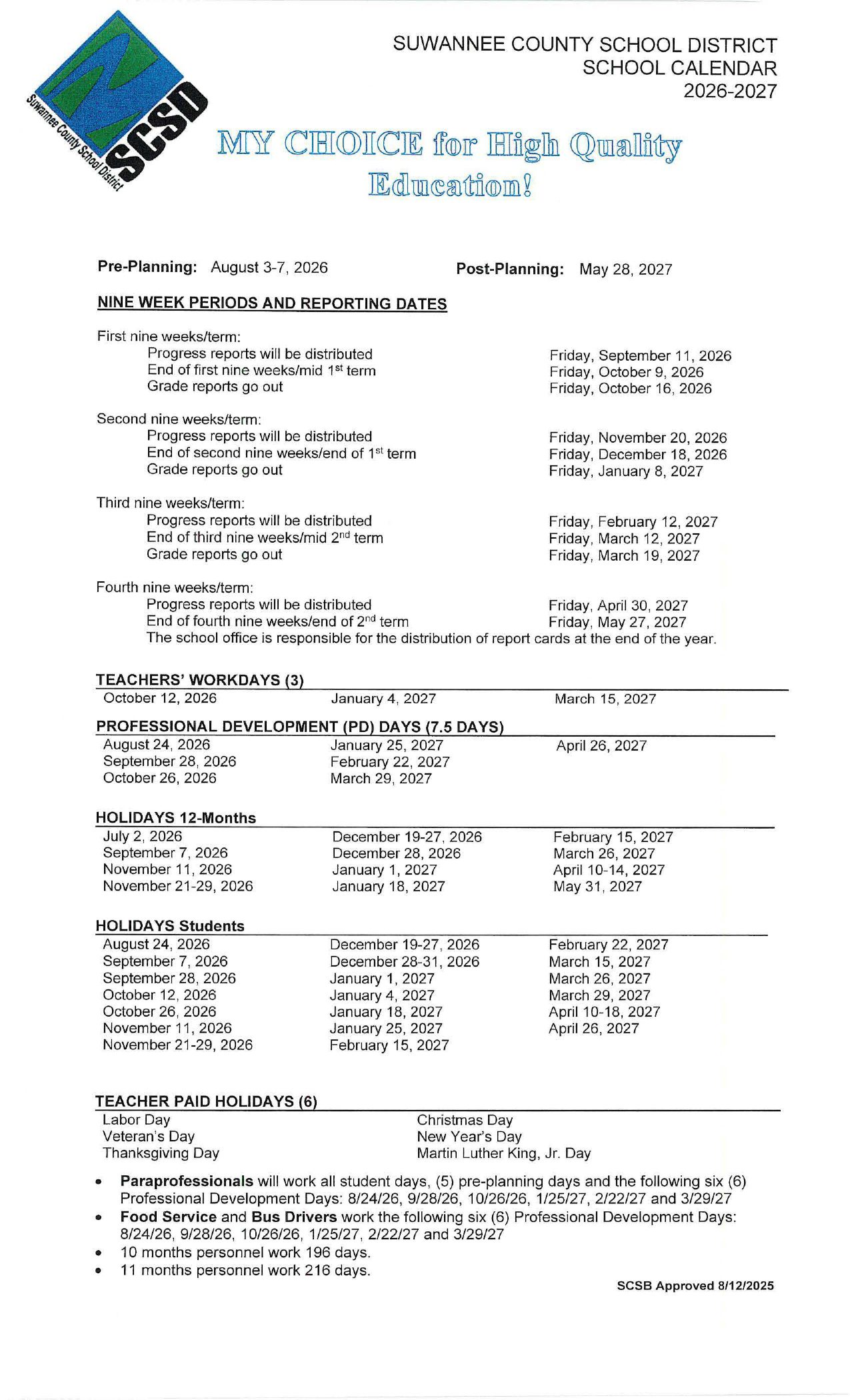 Suwannee County School District FL 26-27 Calendar [PDF]