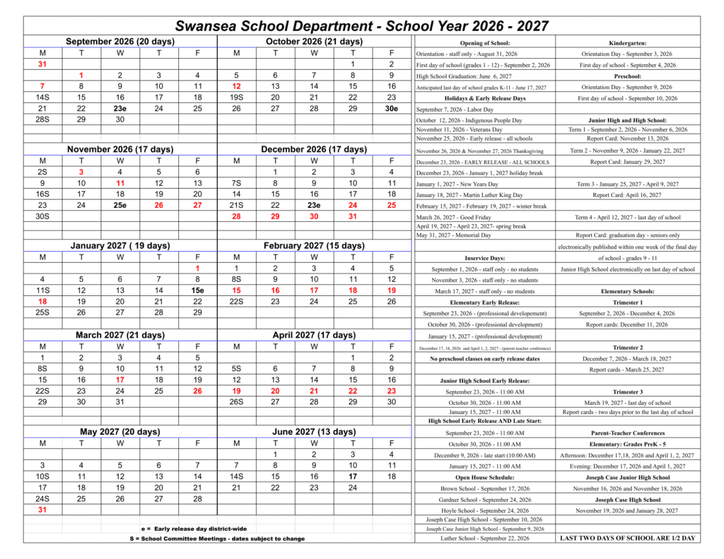 Swansea School Department 26-27 Calendar