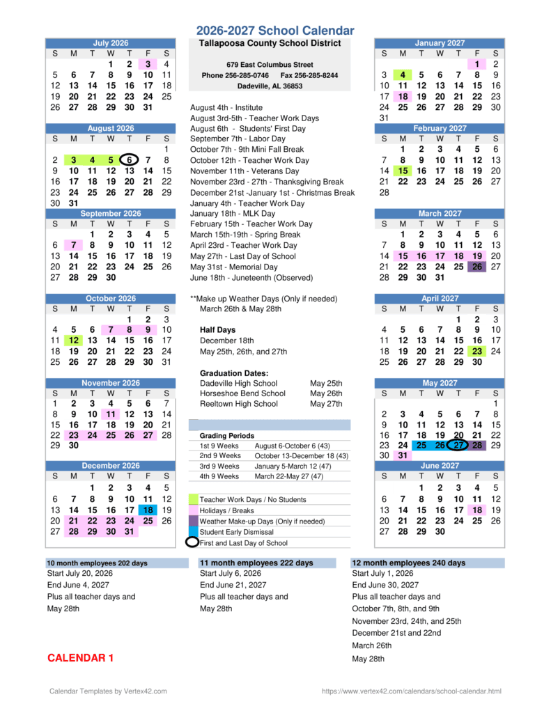 Tallapoosa County School District 26-27 Calendar