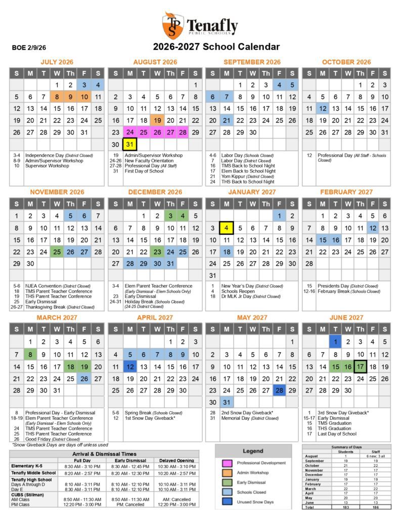 Tenafly Public Schools 2026-2027