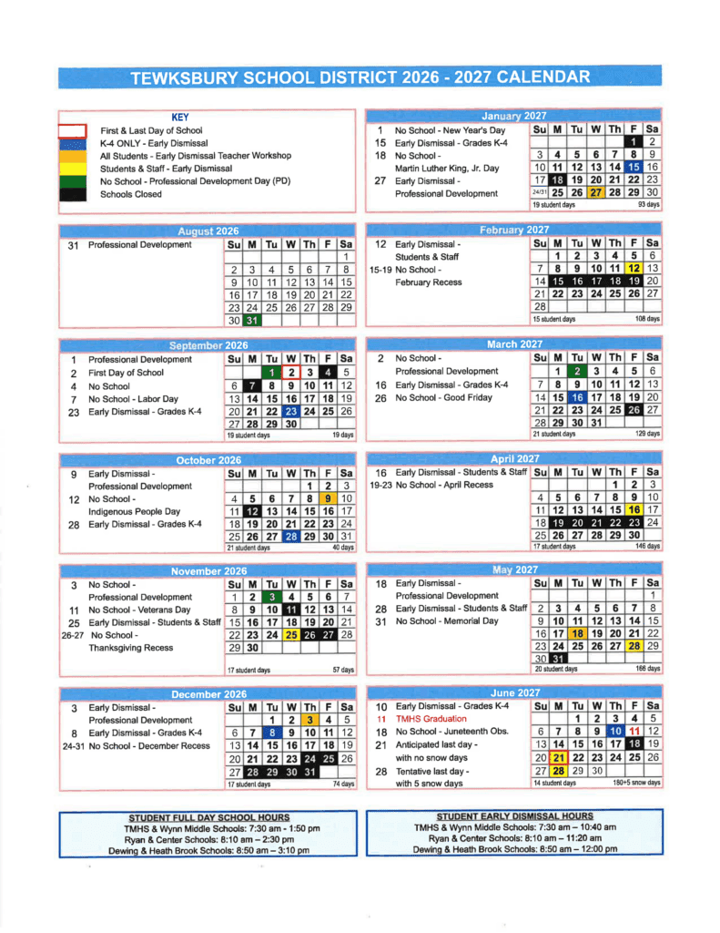 Tewksbury School District 26-27 Calendar (1)