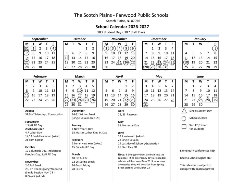 The Scotch Plains - Fanwood Public Schools 26-27 Calendar