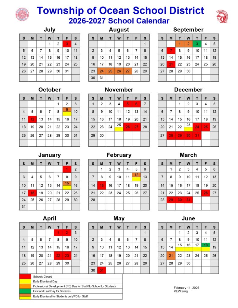 Township of Ocean School District Calendar 26-27 Updates
