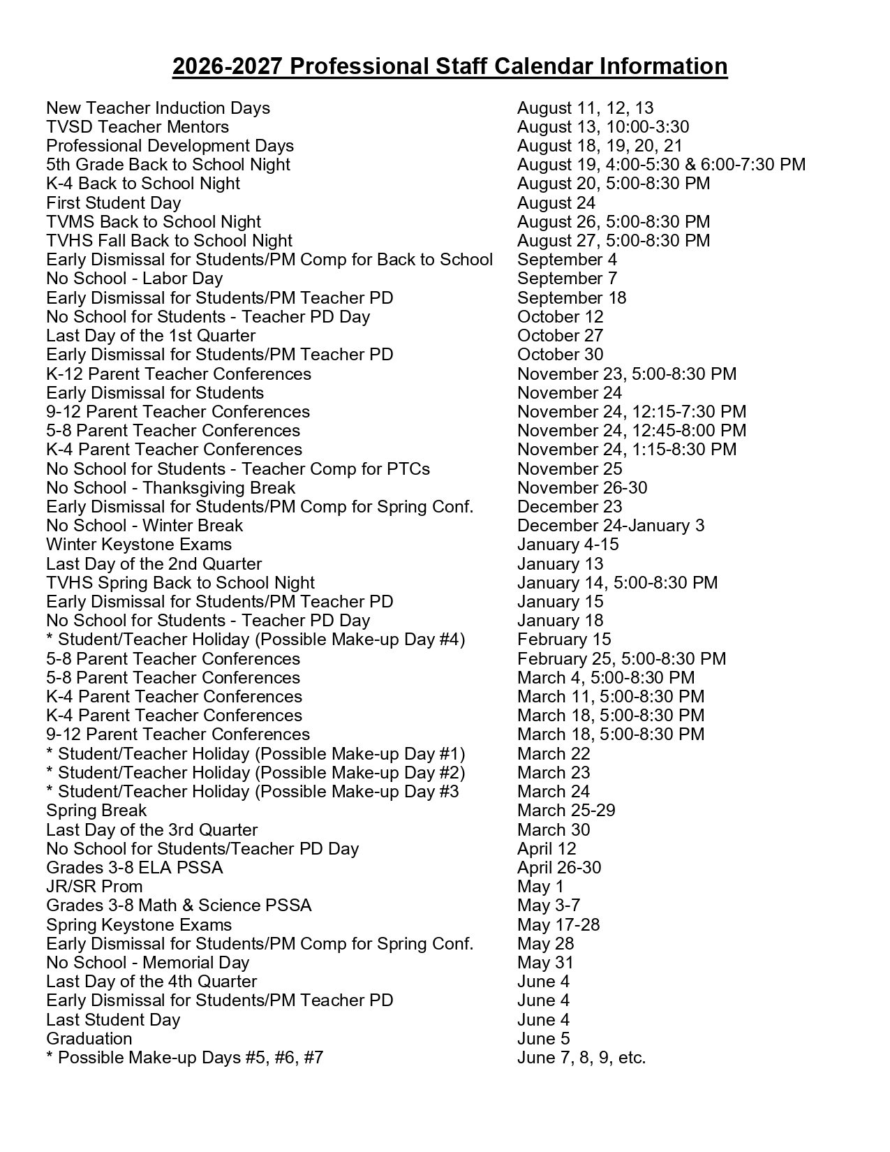 Twin Valley School District PA Calendar 26-27 Updates