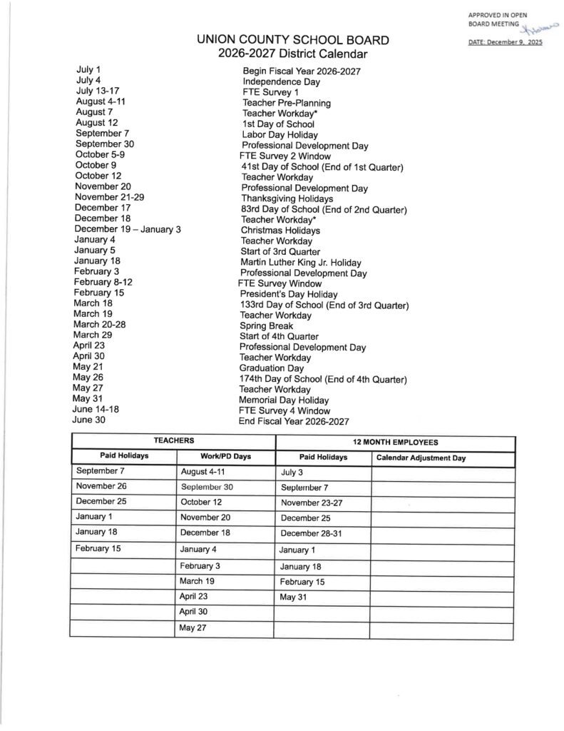UNION COUNTY SCHOOL BOARD 2026-2027