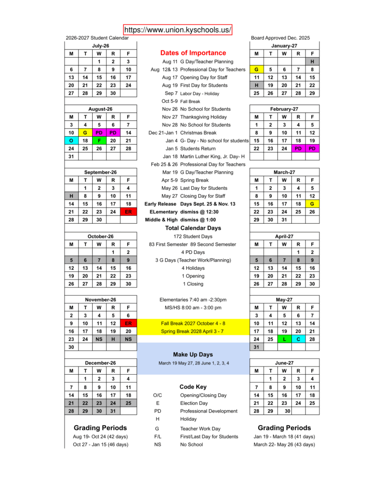 Union County Schools 26-27 Calendar