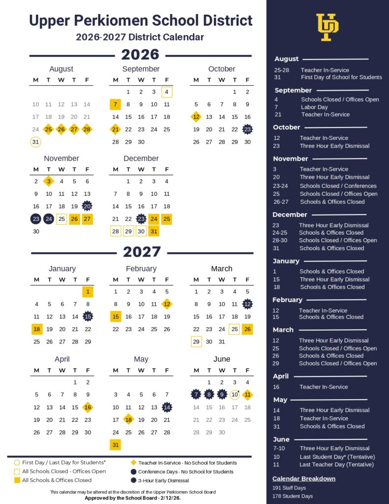 Upper Perkiomen School District Calendar 2026-2027
