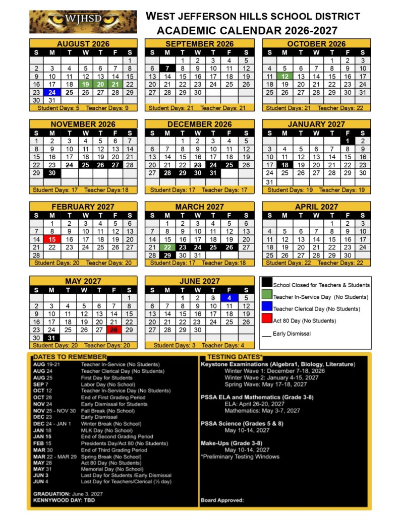 WEST JEFFERSON HILLS SCHOOL DISTRICT 2026-2027 CALENDAR