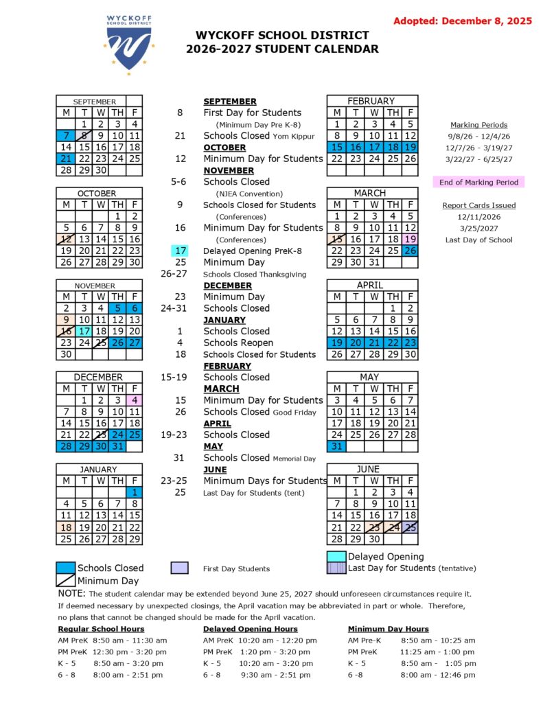 WYCKOFF SCHOOL DISTRICT Calendar 2026-2027