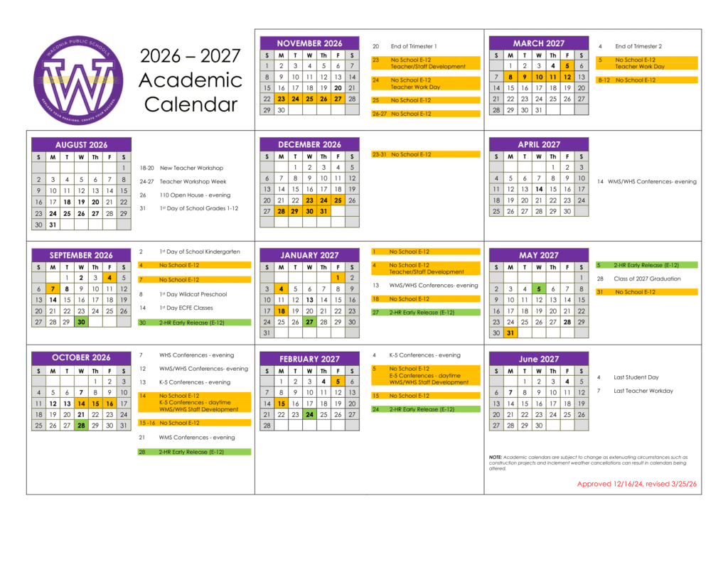 Waconia Public Schools 26-27 Calendar