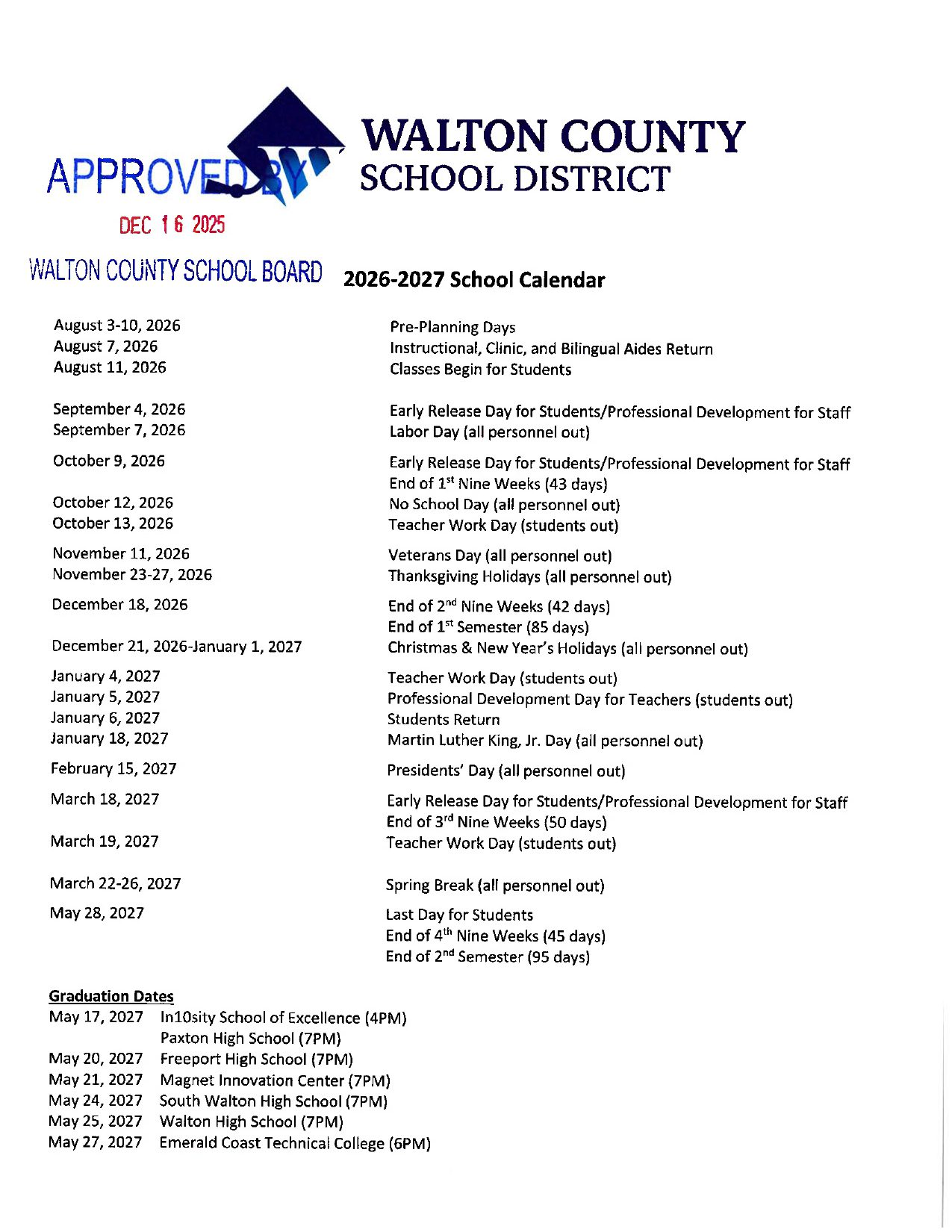 Walton County School District FL 26-27 Calendar [PDF]