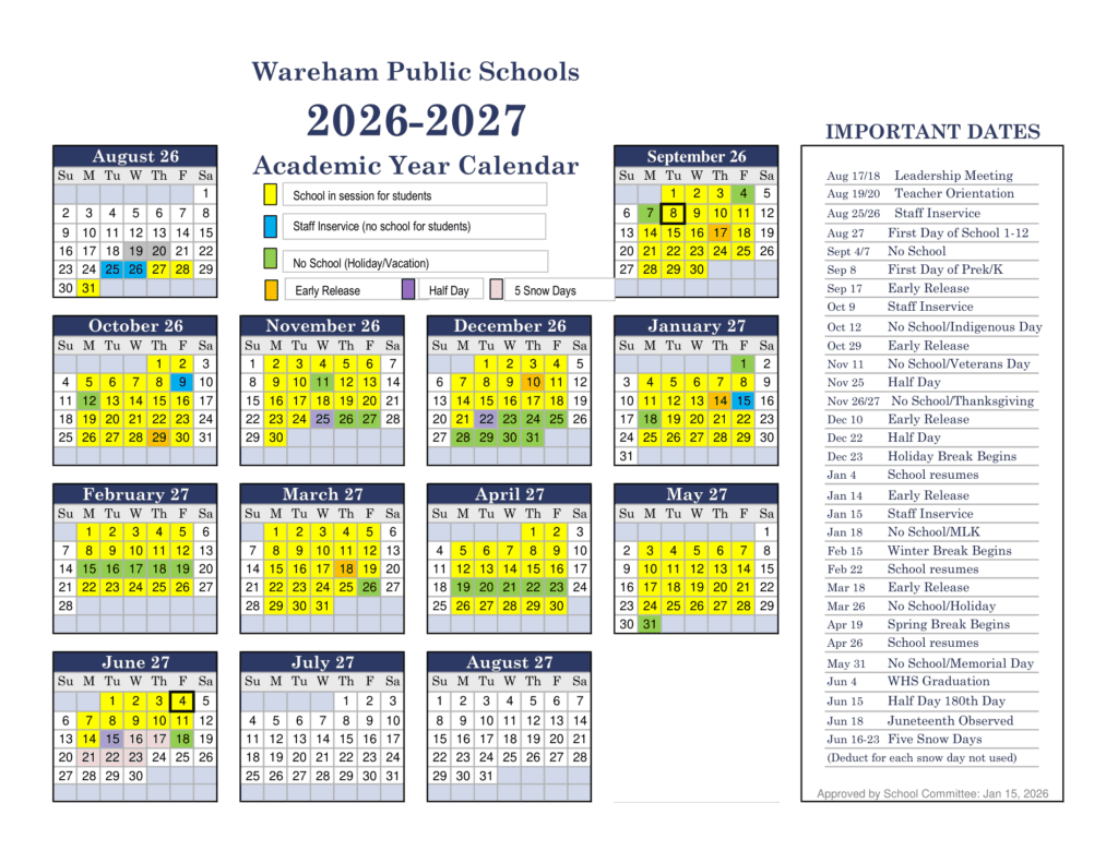Wareham Public Schools 26-27 Calendar
