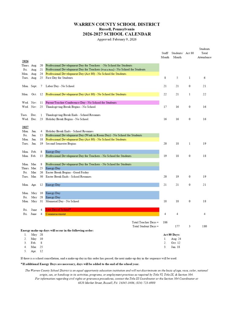 Warren County School District 2026-2027