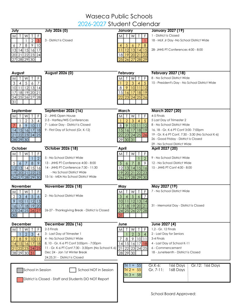Waseca Public Schools 26-27 Calendar