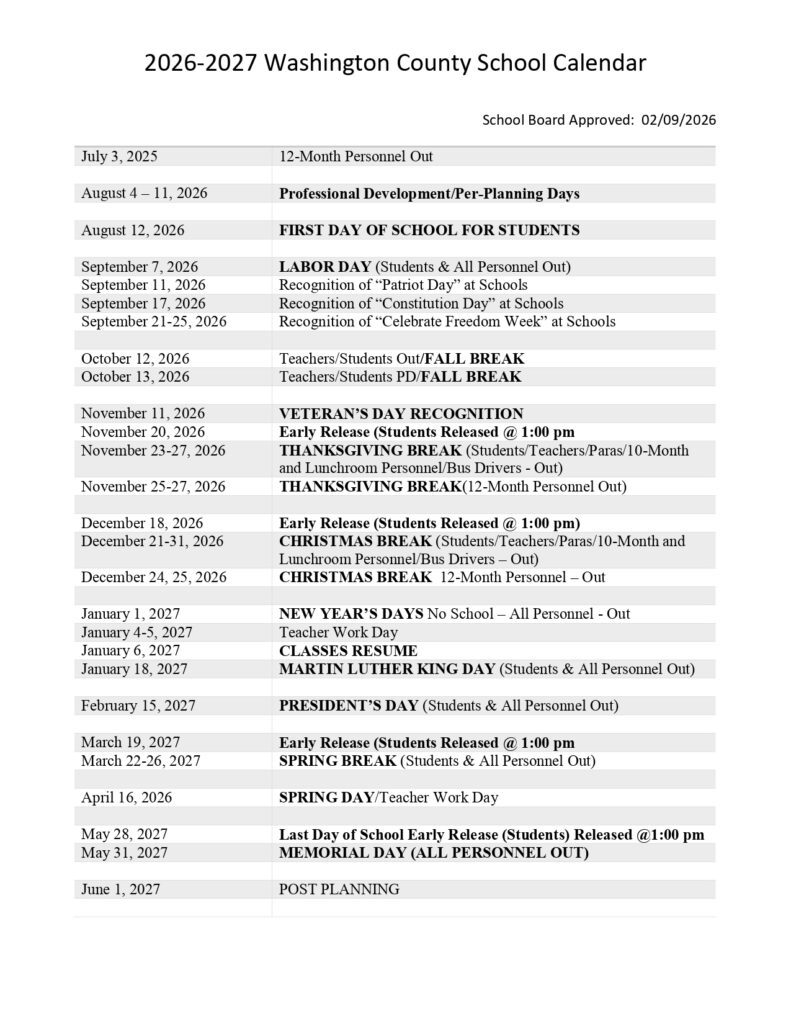 Washington County School 2026-2027