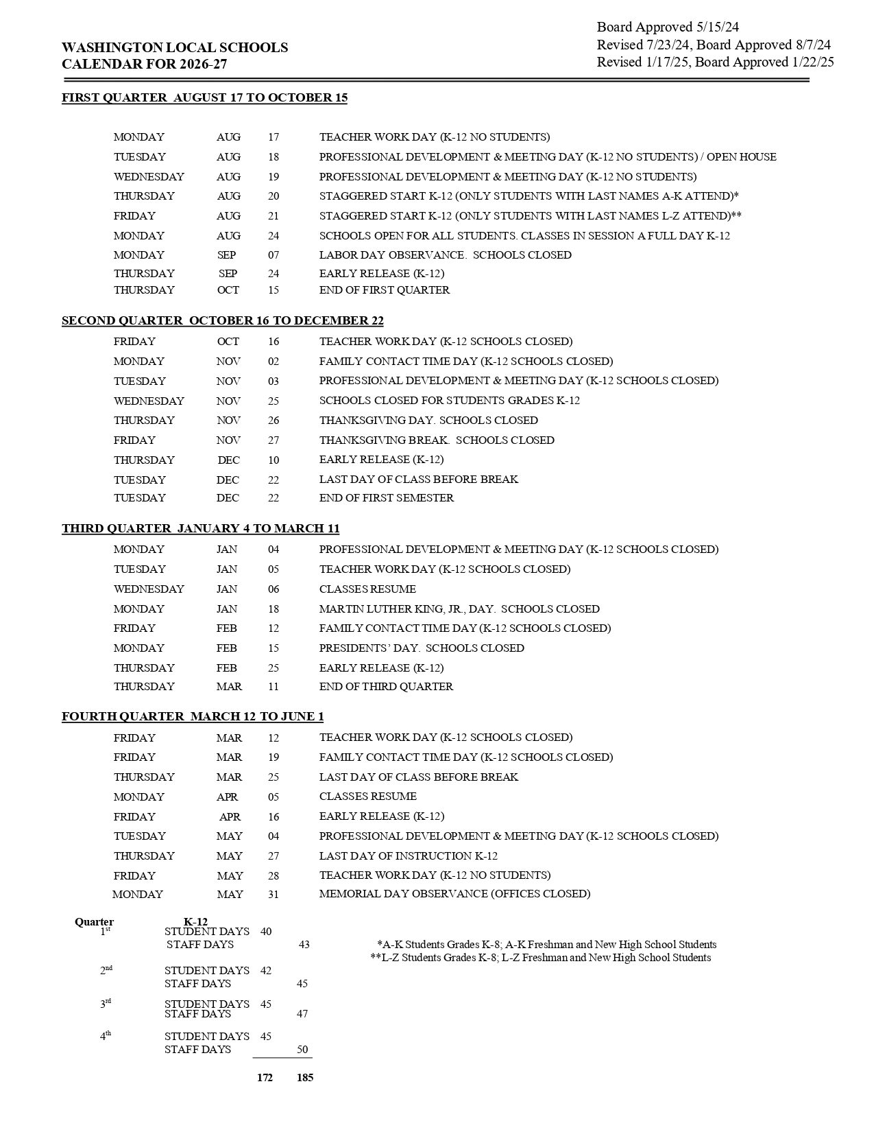 Washington Local Schools OH Calendar 26-27 Updates