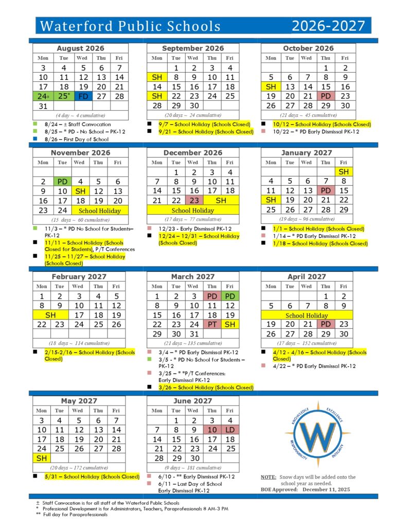 Waterford Public Schools 2026-2027