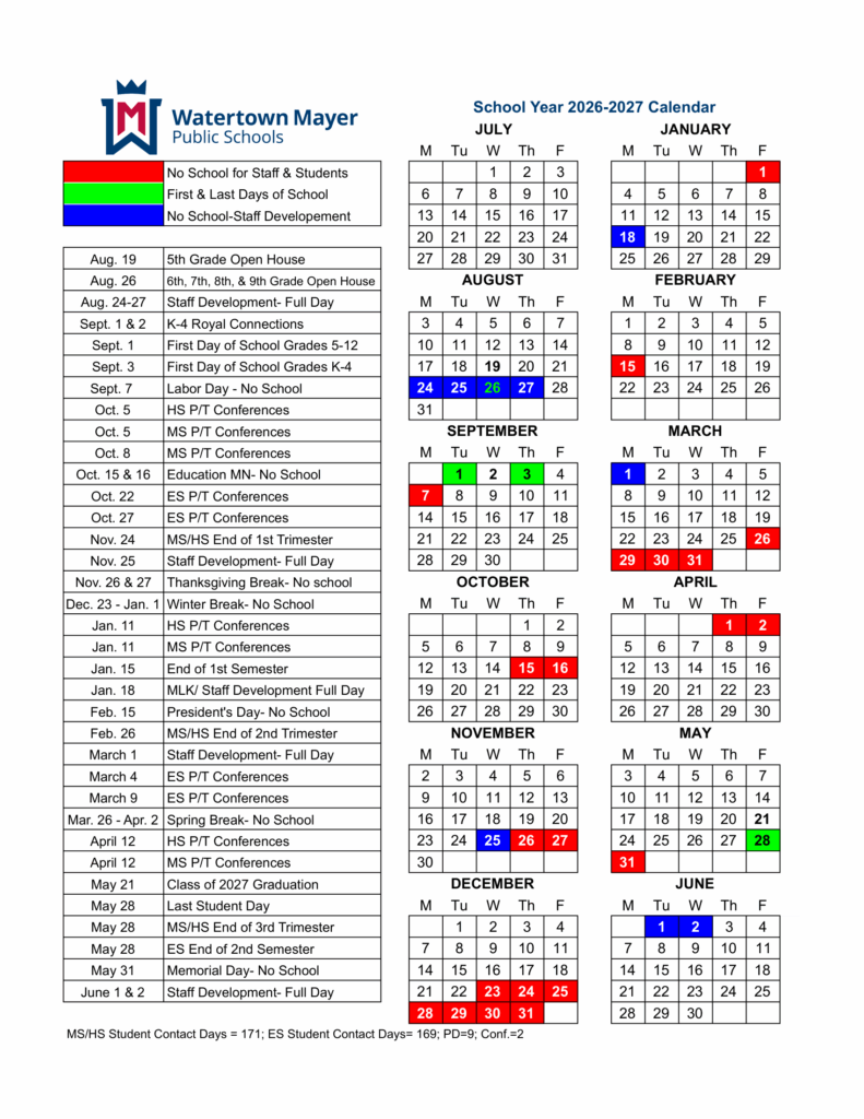 Watertown Mayer Public Schools 26-27 Calendar