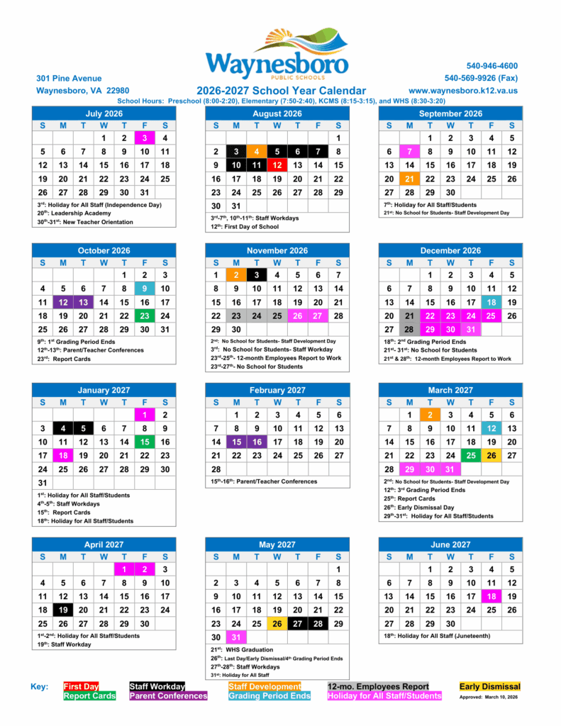 Waynesboro Public Schools 26-27 CalendarWaynesboro Public Schools 26-27 Calendar