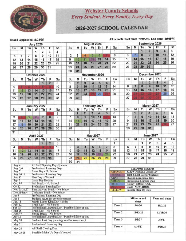 Webster County Schools 26-27 Calendar