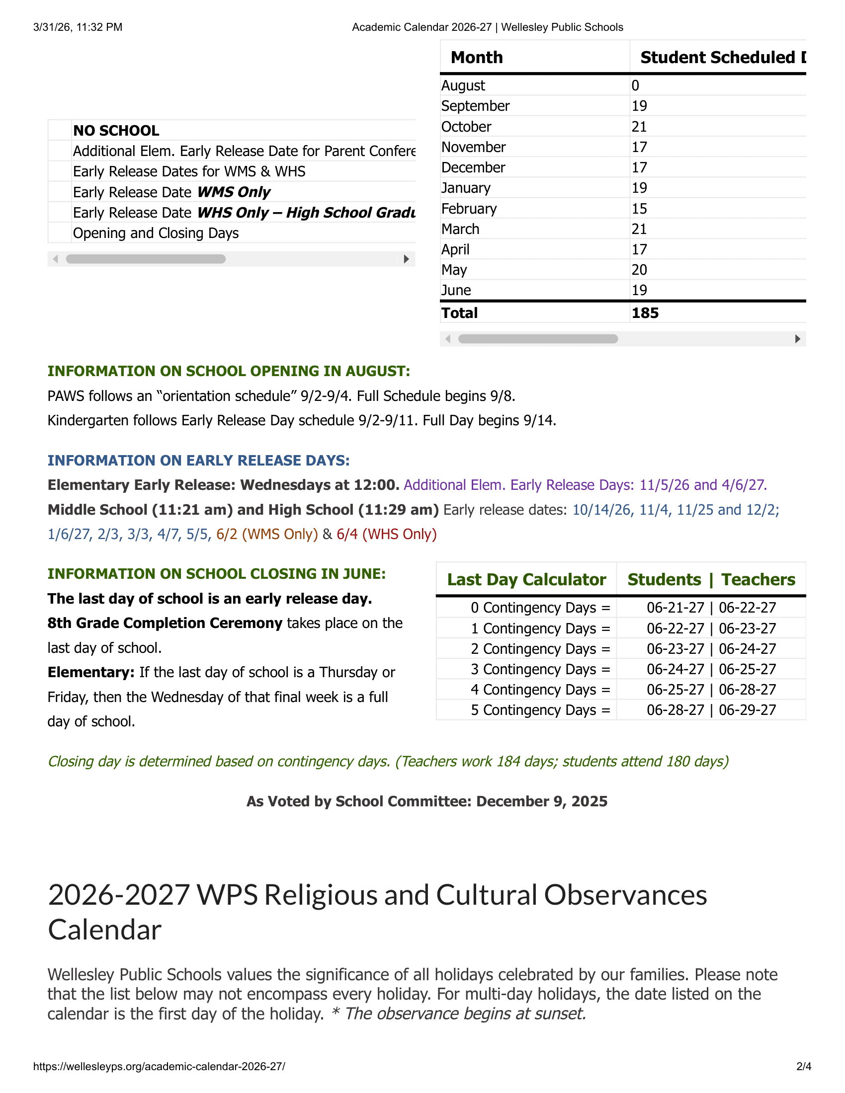 Wellesley Public Schools 26-27 Calendar [PDF]