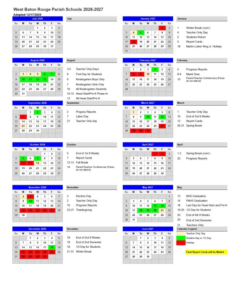 West Baton Rouge Parish Schools 2026-2027