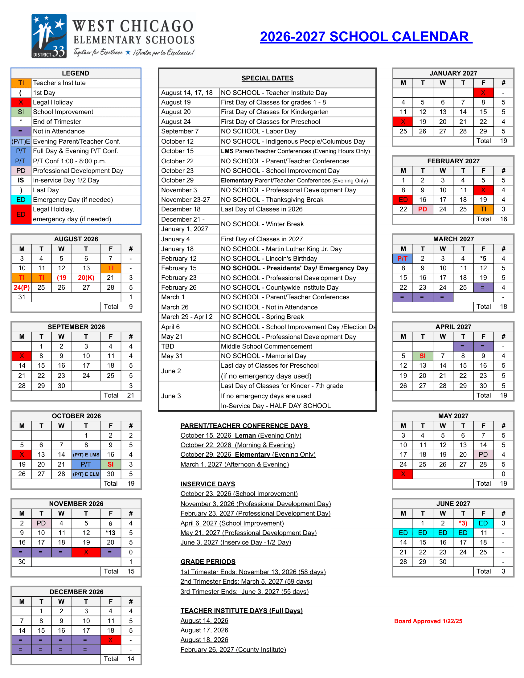 West Chicago Elementary Schools  Calendar 26-27