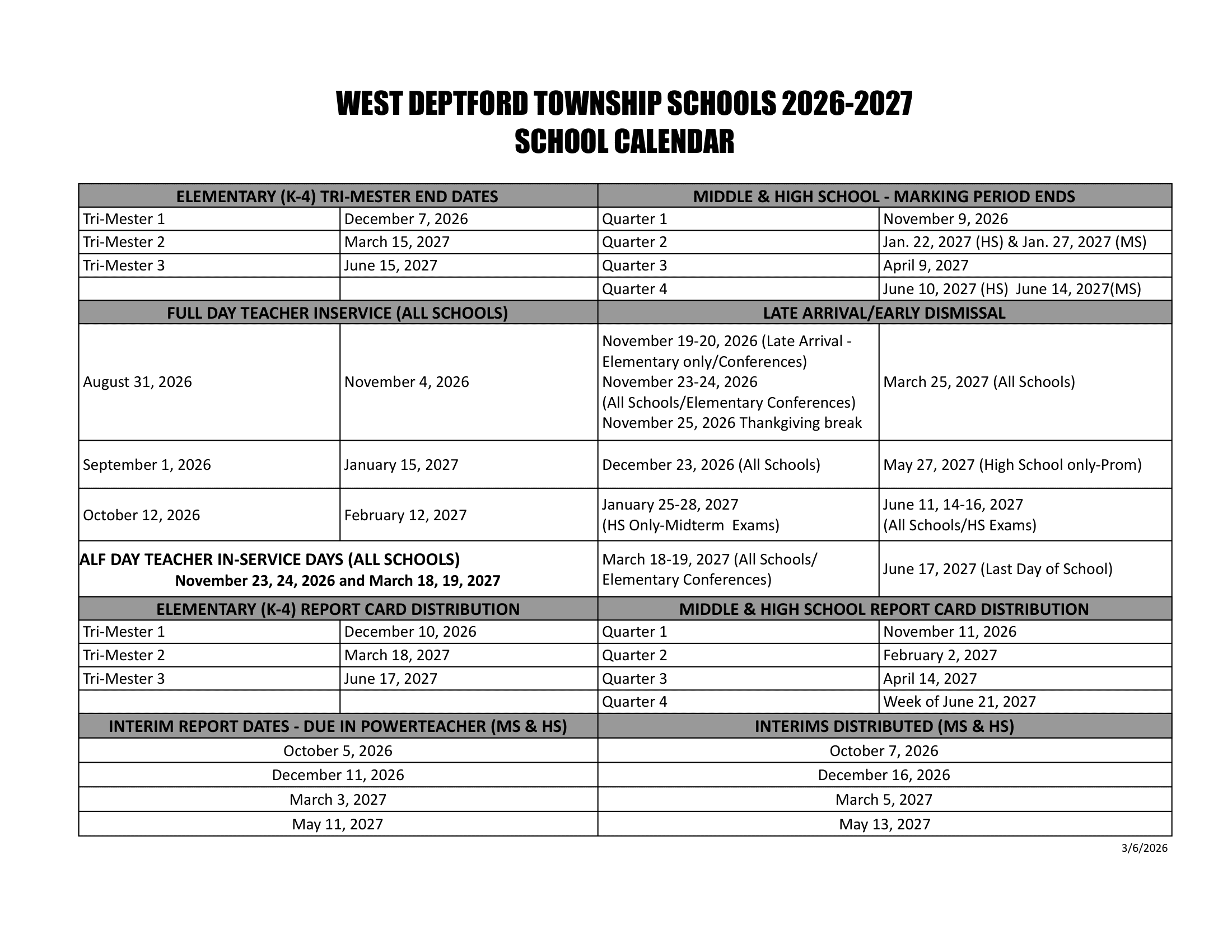 West Deptford Township Schools Calendar 26-27 Updates