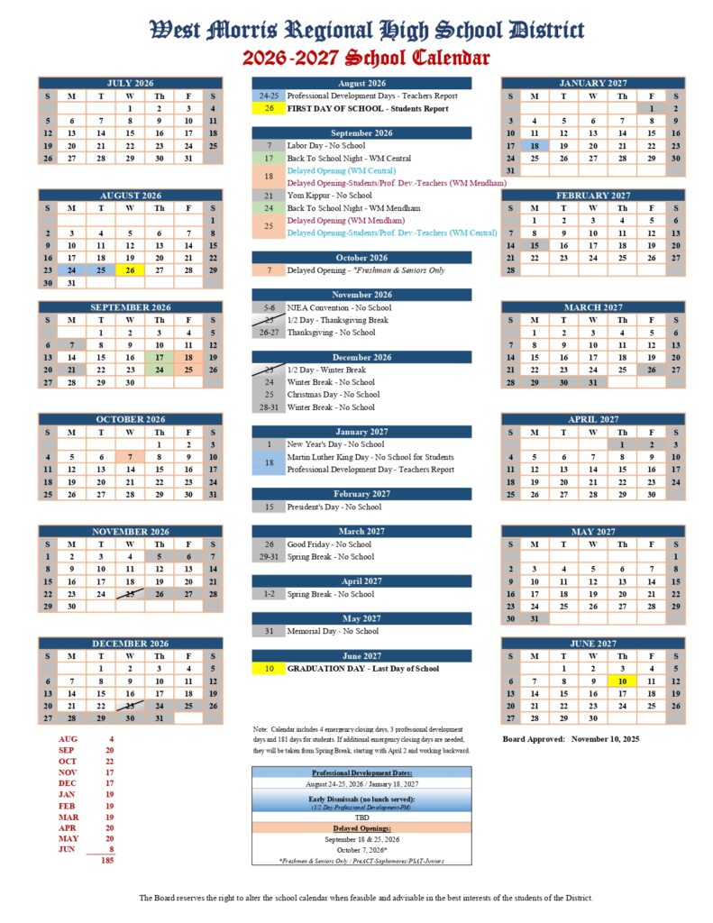 West Morris Regional High School District Calendar 2026-2027