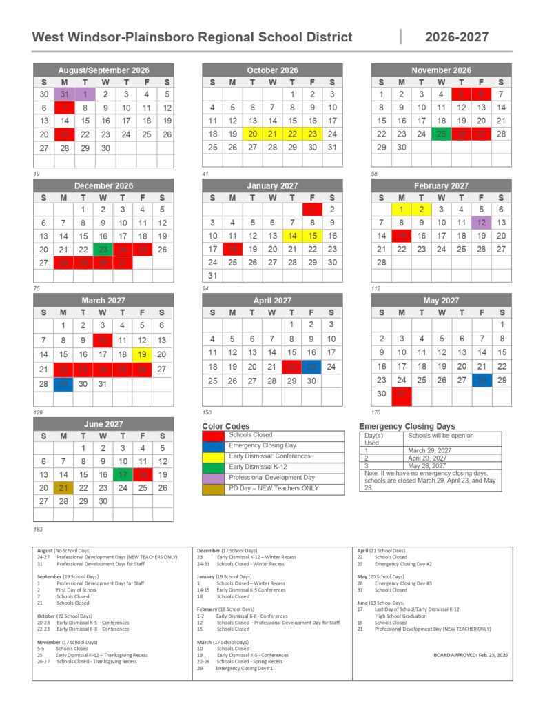 West Windsor-Plainsboro Regional School District Calendar 2026-2027