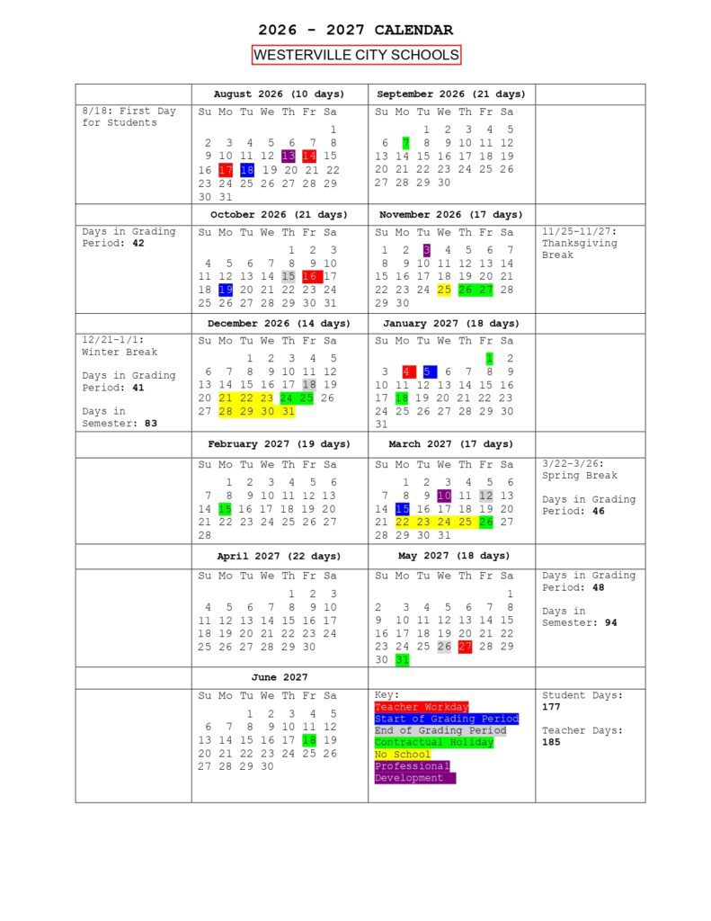 Westerville City Schools 2026-2027