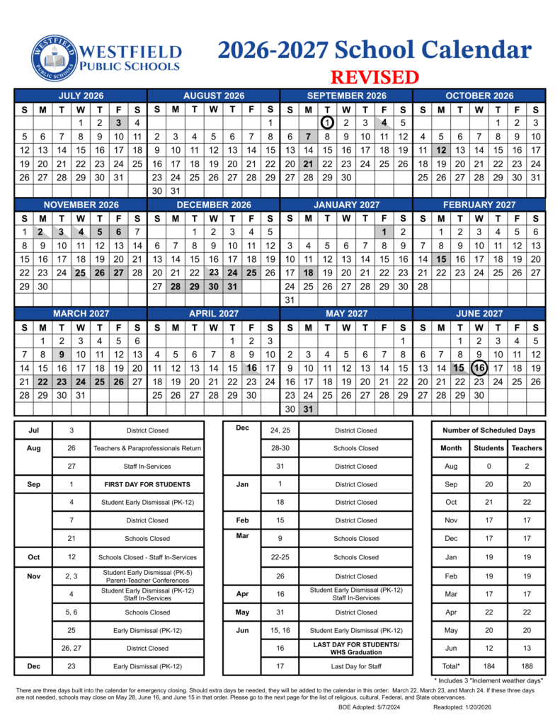 Westfield Public Schools 26-27 Calendar