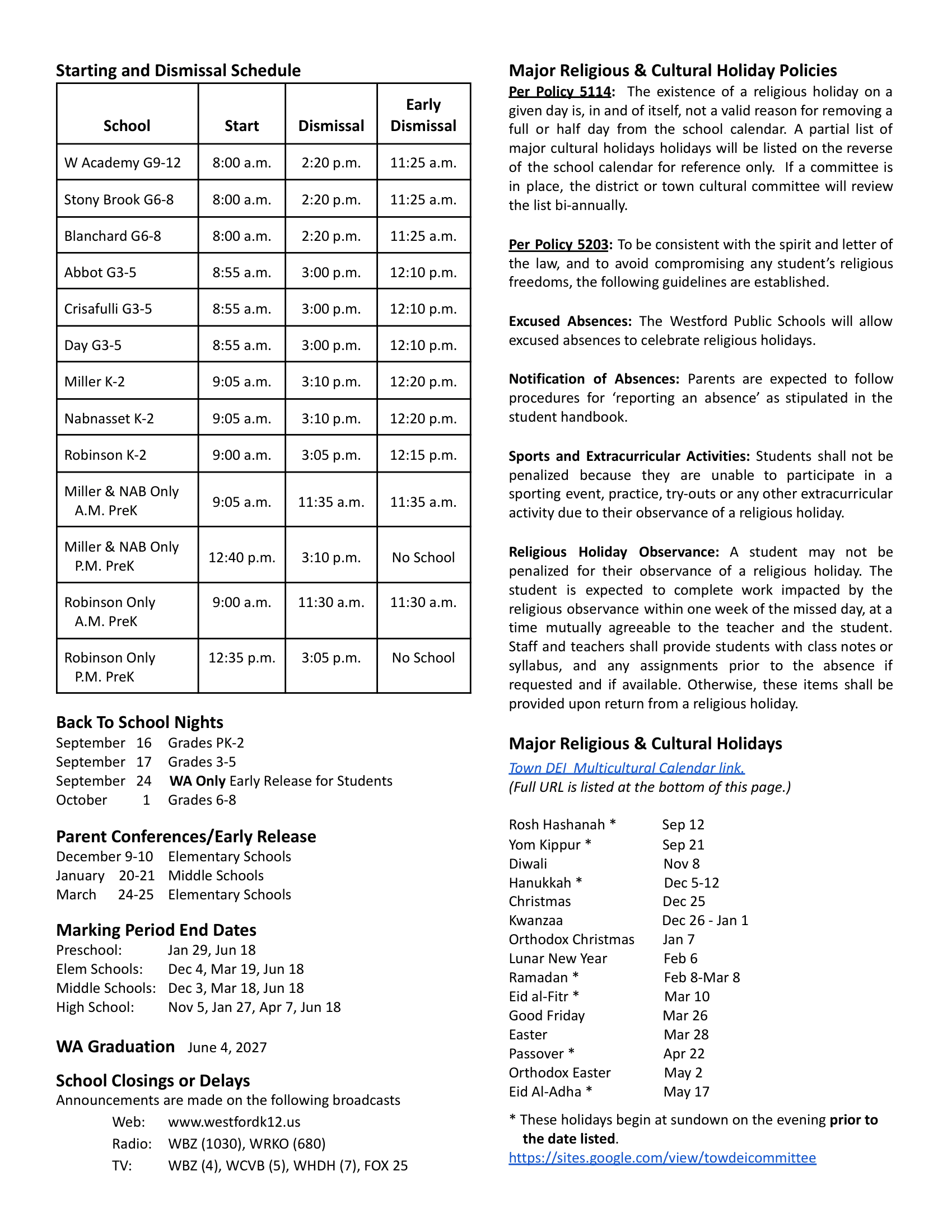 Westford Public Schools MA 26-27 Calendar [PDF]