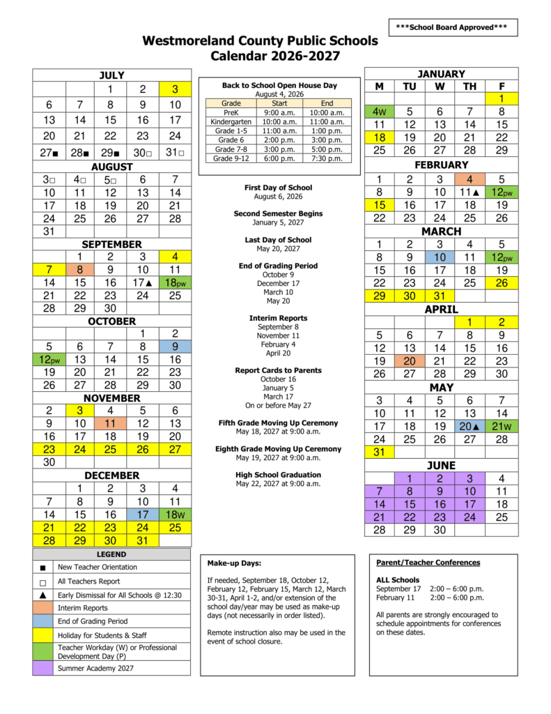 Westmoreland County Public Schools 26-27 Calendar