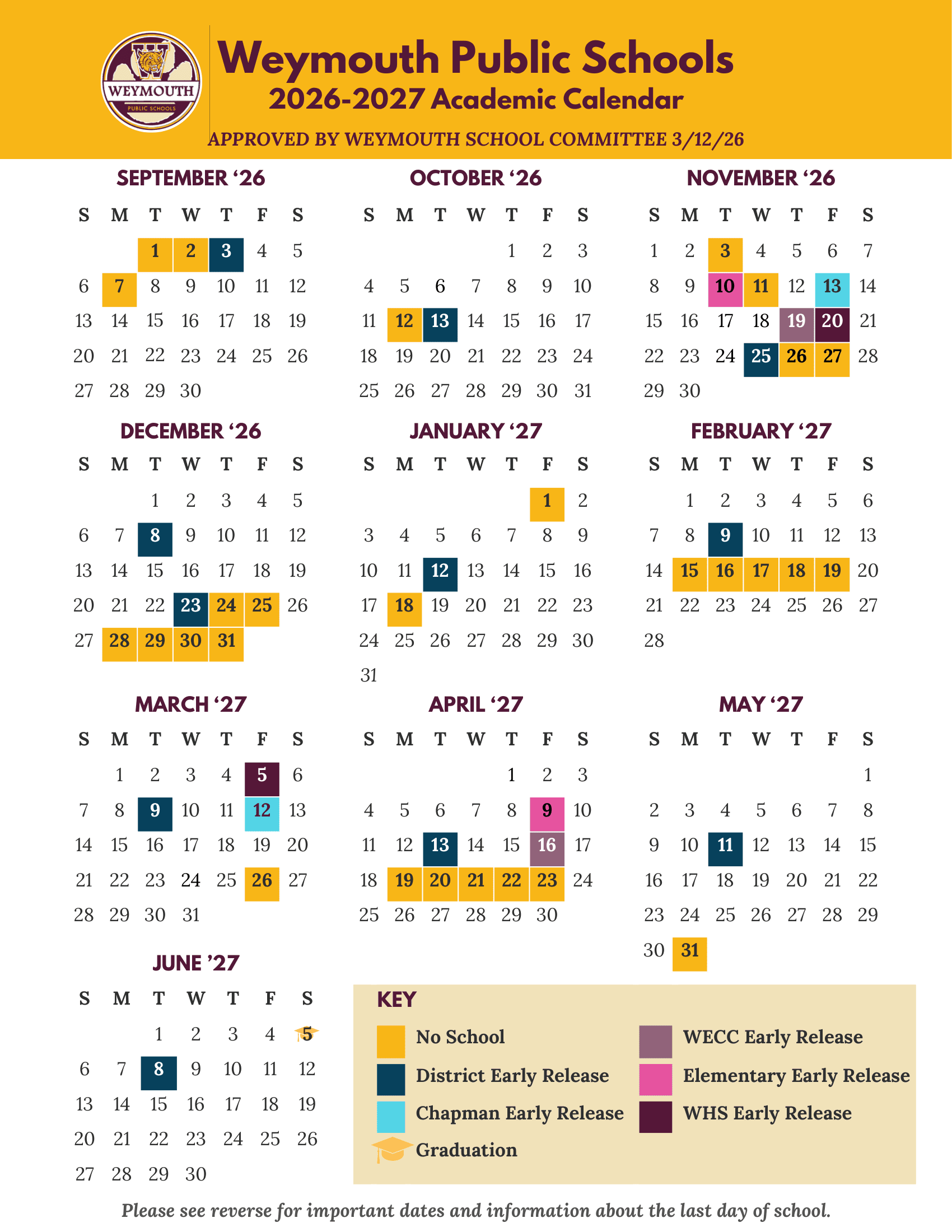 Weymouth Public Schools MA 26-27 Calendar [PDF]