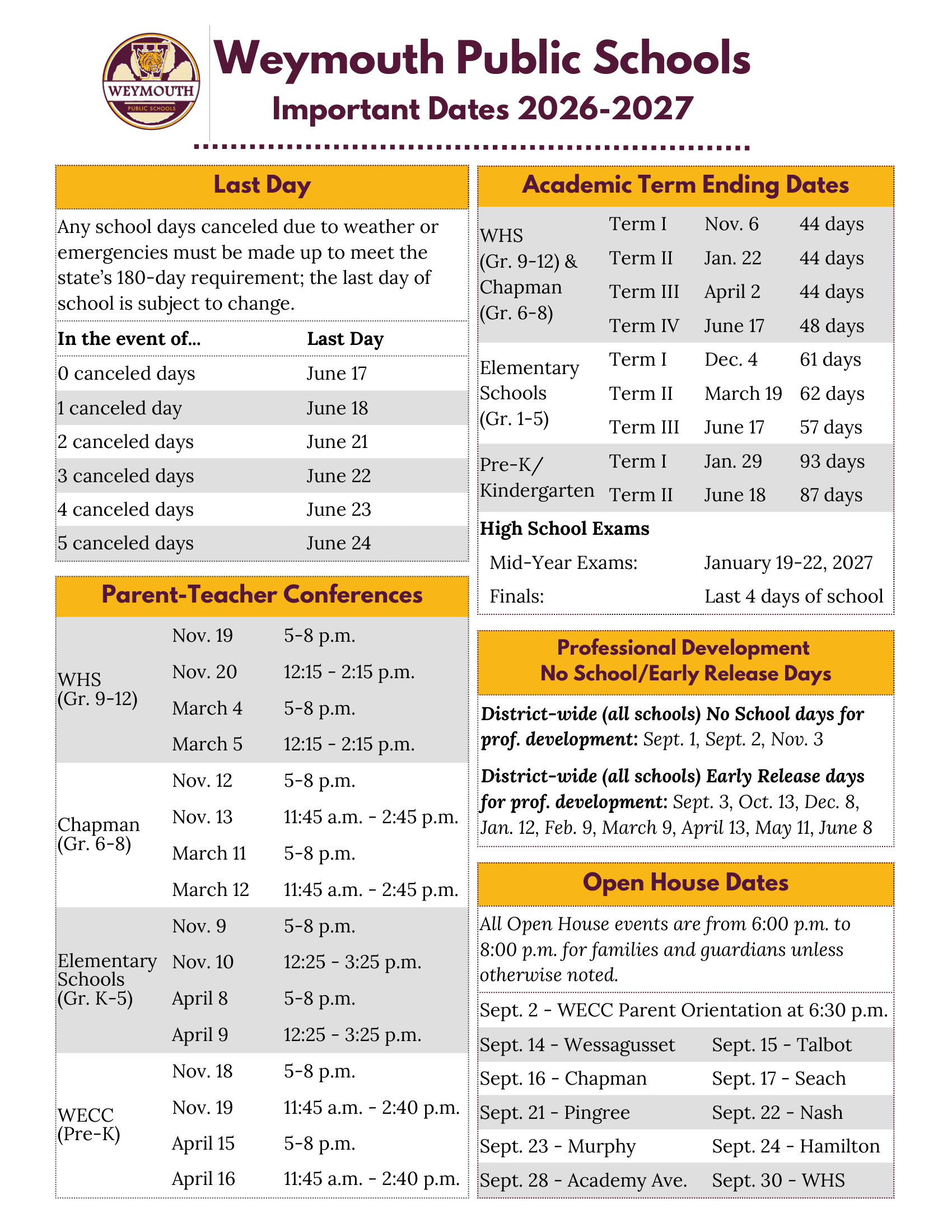 Weymouth Public Schools MA 26-27 Calendar [PDF]