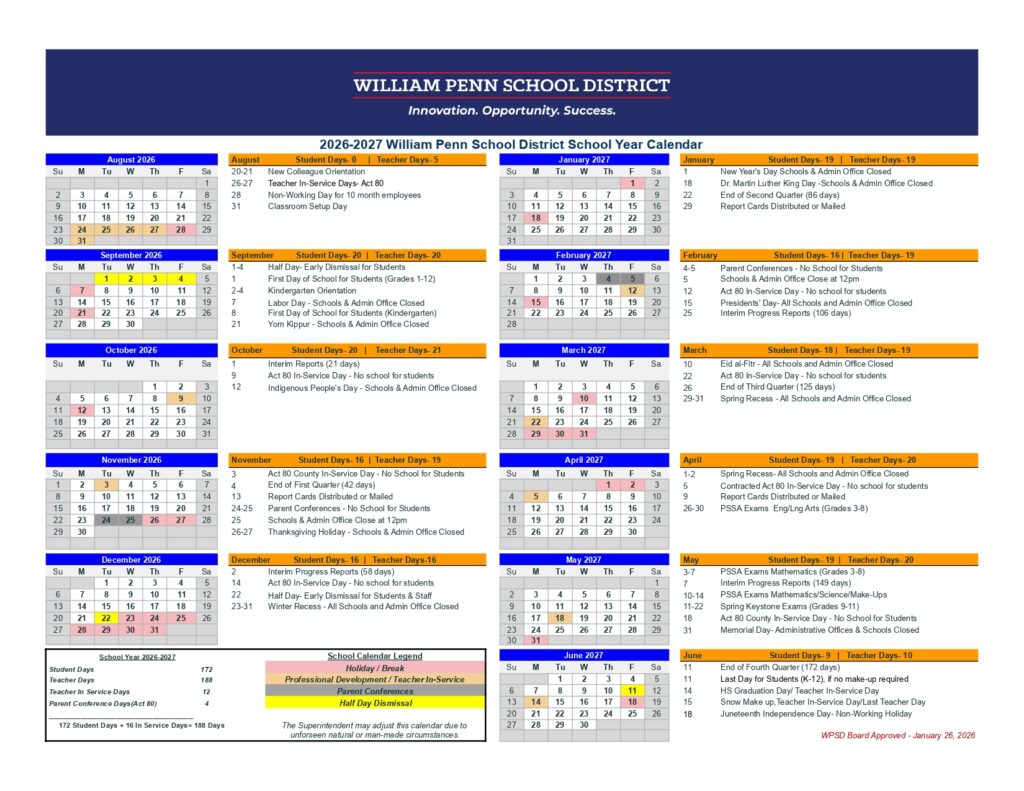 William Penn School District Calendar FAQ 2026-2027