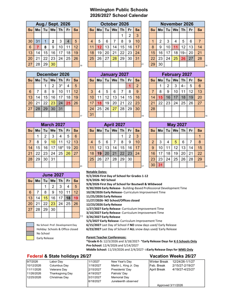 Wilmington Public Schools 26-27 Calendar